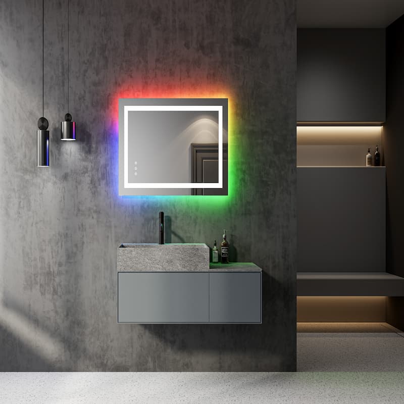 Miroir de salle de bain sans cadre DP389 avec éclairage à intensité variable LED RVB et fonction anti-buée