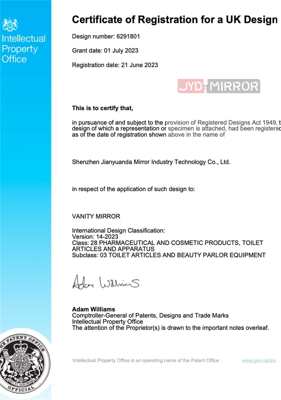 Certificat de brevet d'apparence britannique